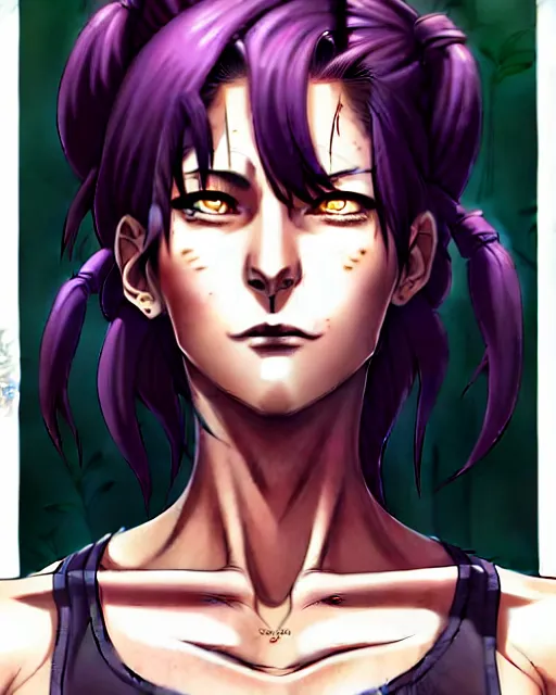 Image similar to a portrait of revy from black lagoon, dilraba dilmurarevy, smirk, black tank top, jean shorts, brown eyes, purple hair, tribal tattoos right arm sleeve, symmetrical eyes, symmetrical face, art by lois van baarle and loish and ross tran and rossdraws and sam yang and artgerm