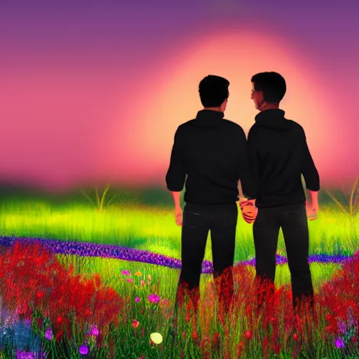 Image similar to a gay couple holding hands in a field of flowers at sunset, realistic, intricate, 4k