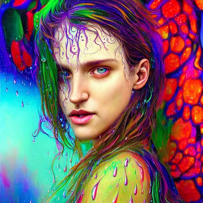 Image similar to bright psychedelic portrait with rain on face and wet hair, wings, smiling, diffuse lighting, fantasy, intricate, elegant, highly detailed, lifelike, photorealistic, digital painting, artstation, illustration, concept art, smooth, sharp focus, art by John Collier and Albert Aublet and Krenz Cushart and Artem Demura and Alphonse Mucha