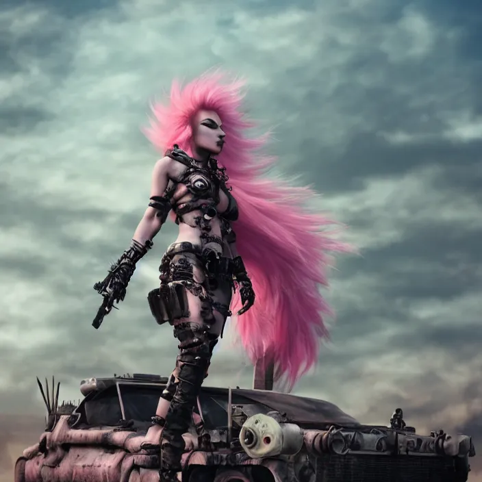 Image similar to beautiful apocalyptic woman with pink Mohawk, standing on mad max panzer tank, 4k ultra hd, fantasy dark art, smooth, artstation, octane render