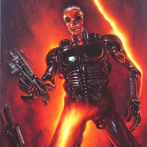 Image similar to The Terminator (1984) by Gerald Brom, glowing eyes