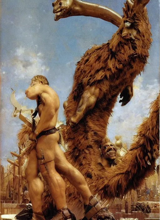 Image similar to huge morgan aste as hercules dressed in animal skins, by john berkey and lawrence alma tadema and rick berry and norman rockwel