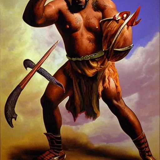 Prompt: Shaquille O'Neal as a fantasy barbarian painted by Boris Vallejo.