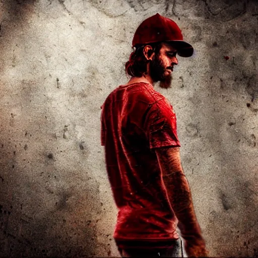 Image similar to detailed half body digital art for a game of a person wearing ragged and ruined clothes merged with mushrooms. the background is pure red. dramatic camera angle
