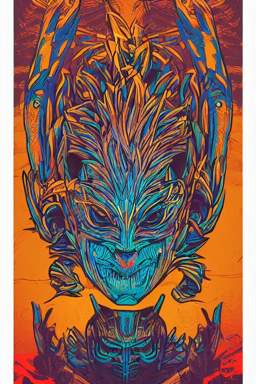 Image similar to animal mask totem roots flower tribal feather gemstone plant wood rock shaman vodoo video game vector cutout illustration vivid multicolor borderlands comics by josan gonzales and dan mumford radiating a glowing aura