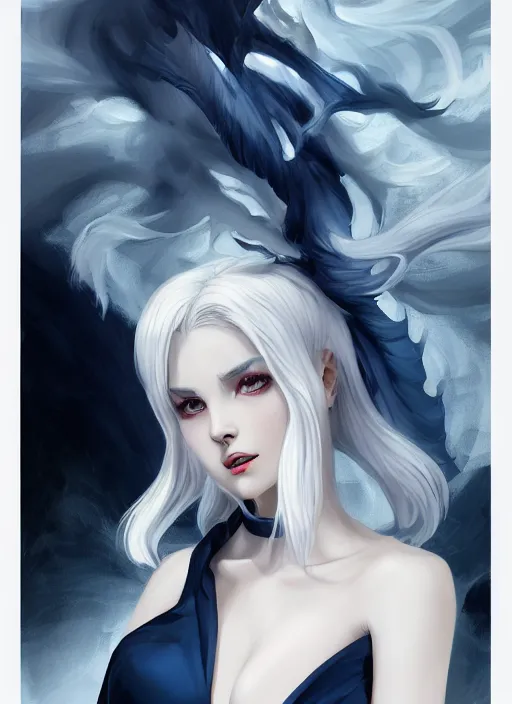 Prompt: a highly detailed illustration of white haired horned demon girl wearing dark blue dress, dramatic elegant seductive pose, perfect body, art by artgerm and greg rutowski and ilya kuvshinov, intricate, elegant, highly detailed, centered, digital painting, artstation, concept art, smooth, sharp focus, league of legends concept art, wlop.