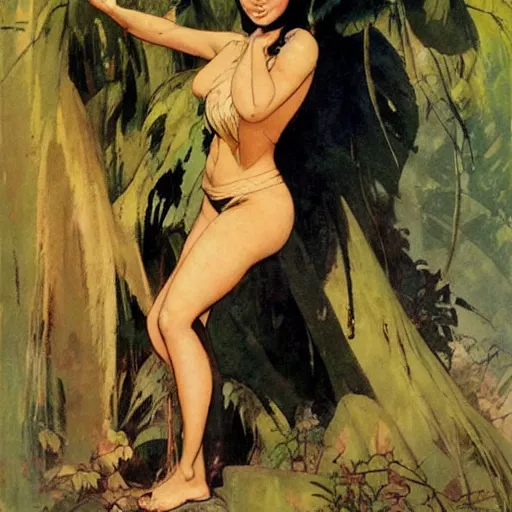 Prompt: asian woman in the jungle by frank frazetta