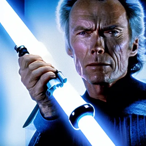 Image similar to clint eastwood holding blue lightsaber in star wars episode 3, 8k resolution, full HD, cinematic lighting, award winning, anatomically correct