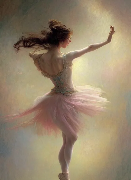 Prompt: a beautifull intricate pastel painting of a dancing ballerina, reflexions, verry high details by william turner art, greg rutkowski and alphonse mucha, trending on artstation, very very detailed, masterpiece, muted colors