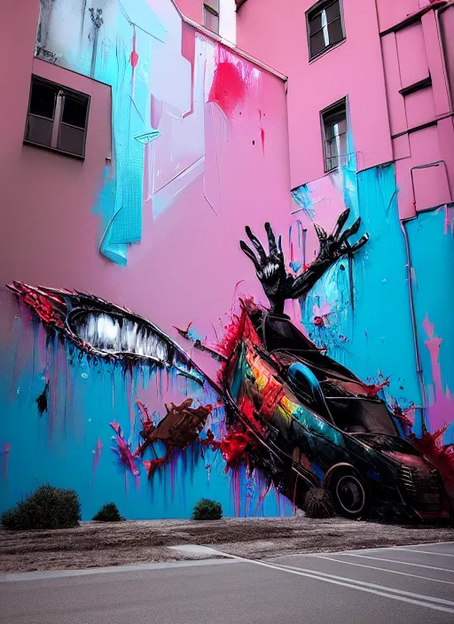 Image similar to matte painting extreme offset 3 d calligraphy graffiti mural dripping paint wall extreme maximalism by artur bordalo, by atey ghailan, by greg rutkowski, by greg tocchini, by james gilliard, by joe fenton, pink, brown, black and light blue color scheme, octane render