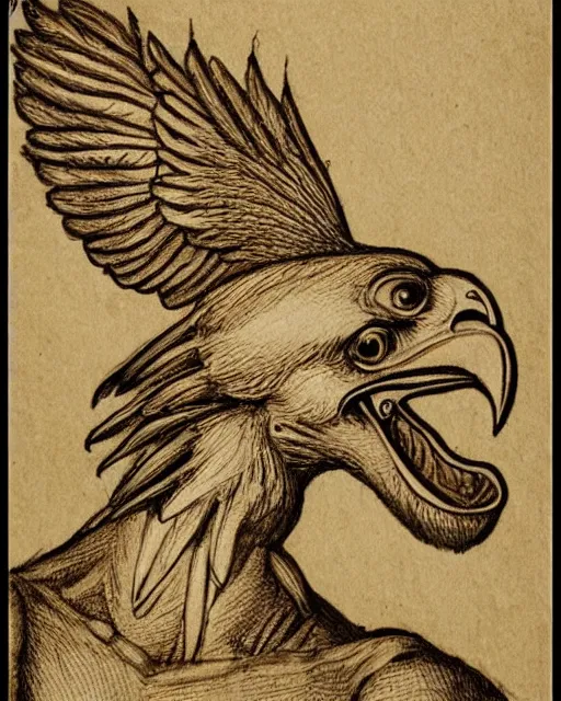 Prompt: half human half eagle creature with beak, drawn by da vinci