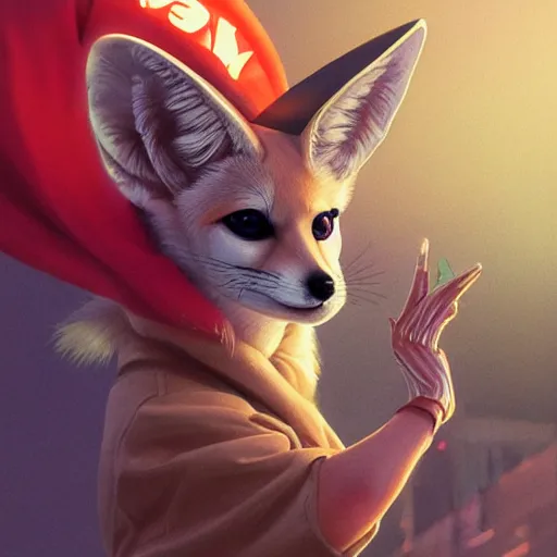 Image similar to portrait futuristic fennec fox animal wearing a santa hat, in future cyberpunk tokyo rooftop , sci-fi, fantasy, intricate, very very beautiful, elegant, human anatomy, neon light, highly detailed, digital painting, artstation, concept art, smooth, sharp focus, illustration, art by tian zi and WLOP and alphonse mucha