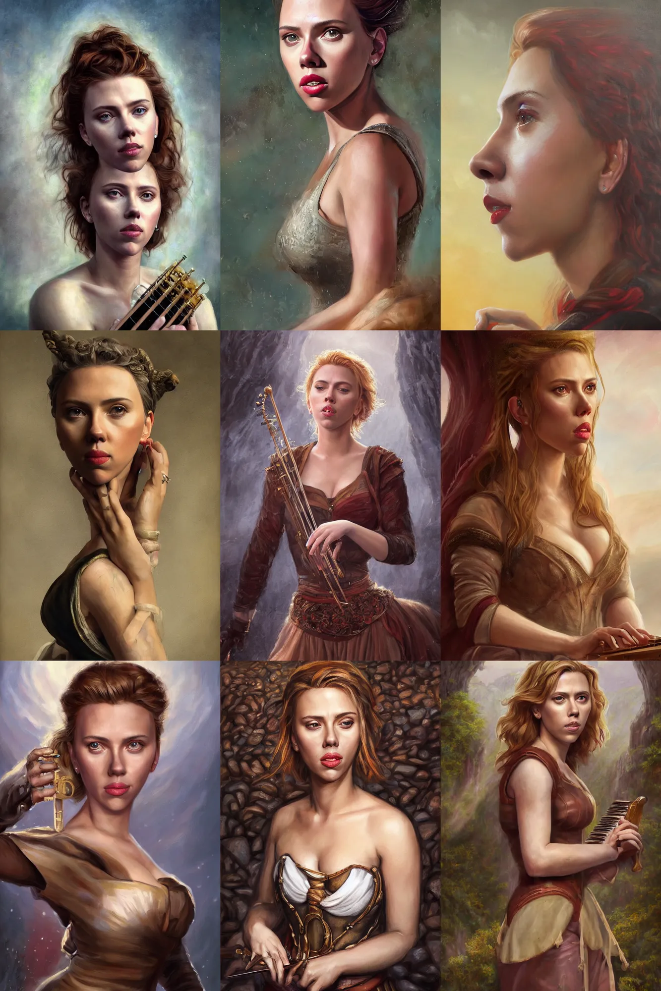 Prompt: a full body high detail fantasy portrait oil painting illustration of scarlett johansson as a beautiful sophisticated singing bard woman by justin sweet with face and body clearly visible, in a scenic background, pupils visible, realistic proportions, d & d, rpg, forgotten realms, artstation trending, high quality, sombre mood, artstation trending, muted colours, entire person visible!