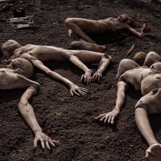 Image similar to bodies on the ground, slowly absorbed by the dirt, digital art, award winning, horror, uhd, 8 k,