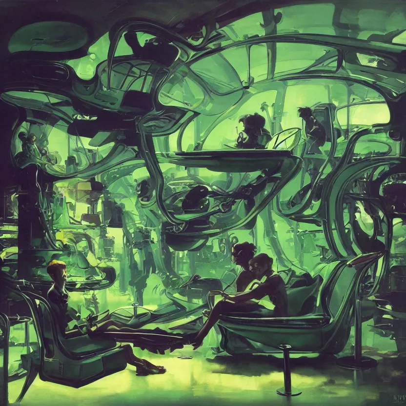 Prompt: a futuristic organic lounge with deep green and purple hues. billowing clouds. highly detailed science fiction painting by norman rockwell, frank frazetta, and syd mead. rich colors, high contrast, gloomy atmosphere, dark background. trending on artstation.