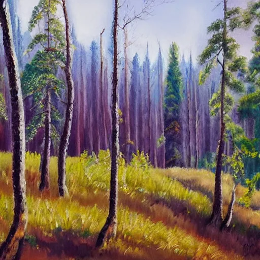 Image similar to painting of russian forest by gennadiy ovcharenko