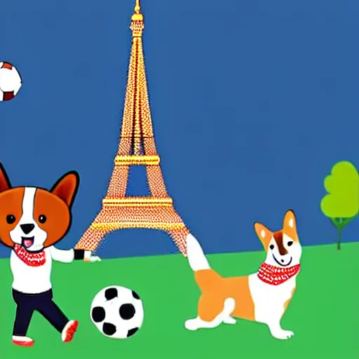 Image similar to illustration of french boy playing football with a corgi wearing a polkadot scarf in front of the eiffel tower