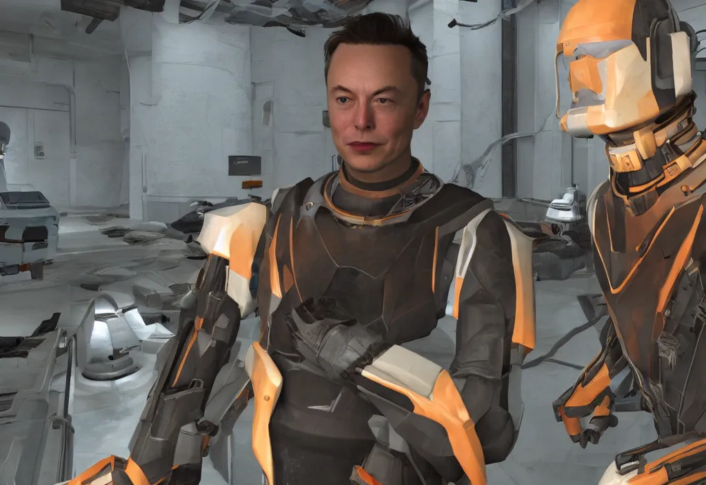 Image similar to elon musk in half life, elon musk in the video game half life, gameplay screenshot, close up, 3 d rendering. unreal engine. amazing likeness. very detailed.