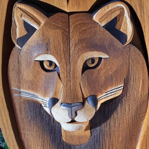 Prompt: wooden carving of a cougar, product picture, ebay listing thumbnail