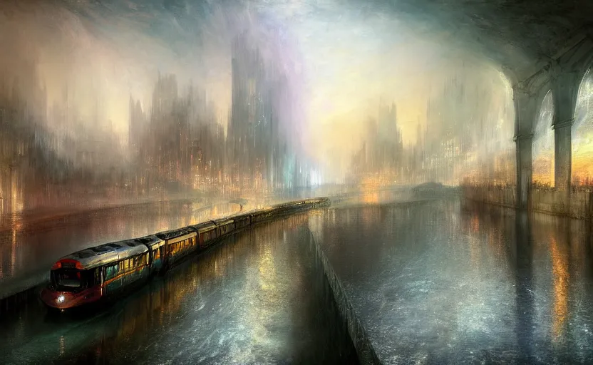 Image similar to an urban train rides inside of a waterway on a fantasy city. by artstation trending, by joseph mallord william turner, luis royo, konstantin razumov, cinematic lighting, fractal flame, highly detailed