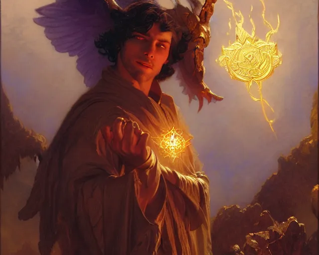 Image similar to attractive male deity, casting demonic magic, summoning handsome lucifer morning star. highly detailed painting by gaston bussiere, craig mullins, j. c. leyendecker 8 k