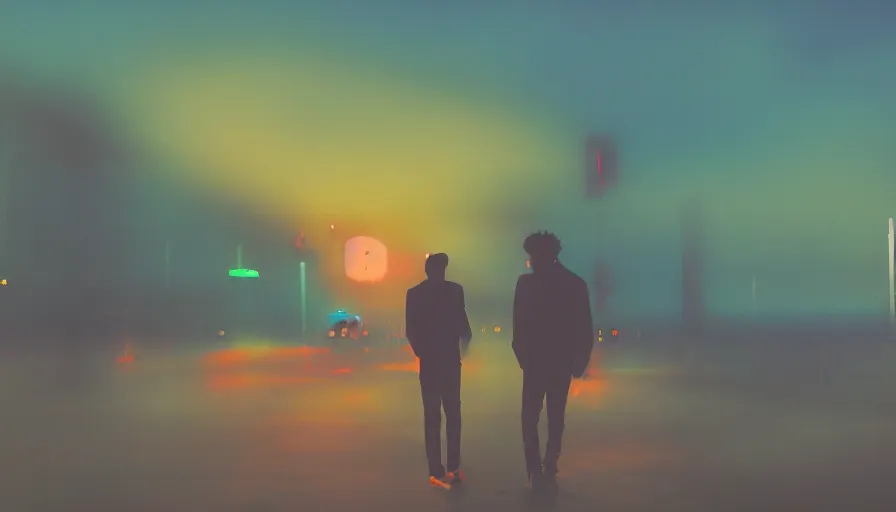 Prompt: the weeknd and drake by picasso, digital art, sharp focus, 4 k, sunset beach, foggy, neon