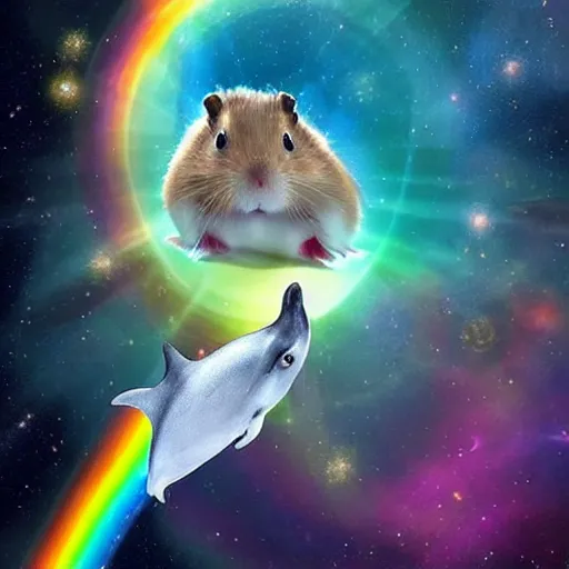 Prompt: a space photograph of a hamster riding a dolphin on a cosmic rainbow