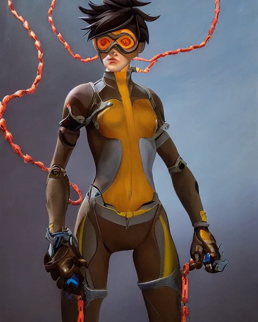 Image similar to full figure, painting of tracer from overwatch, in style of zdzisław beksinski, horror, 4 k, feminine facial features, full armor, full armor, detailed face, tall, dark ropes and chains in background