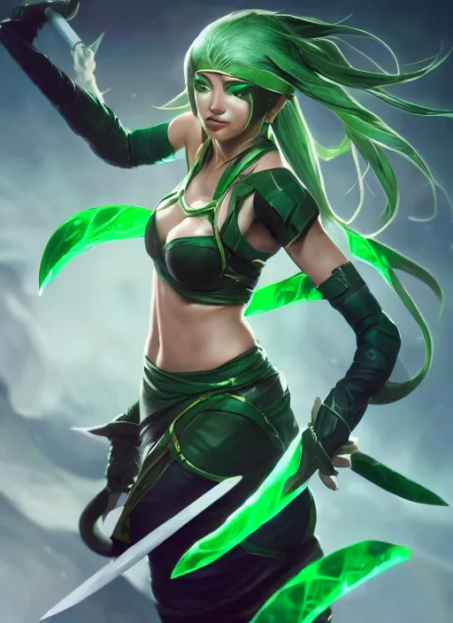 Image similar to akali, from league of legends, green daggers, hyper detailed, digital art, trending in artstation, cinematic lighting, studio quality, smooth render, unreal engine 5 rendered, octane rendered, art style by klimt and nixeu and ian sprigger and wlop and krenz cushart