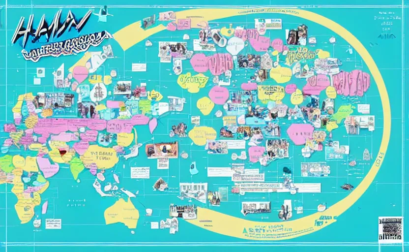 Prompt: hatsune miku across america map, map key, tourist map, brochure