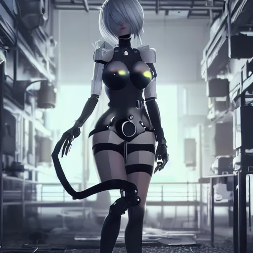 Image similar to a2 from nier automata in a robotic lab, wires connected to her, ultra realistic 4k quality, trending on artstation