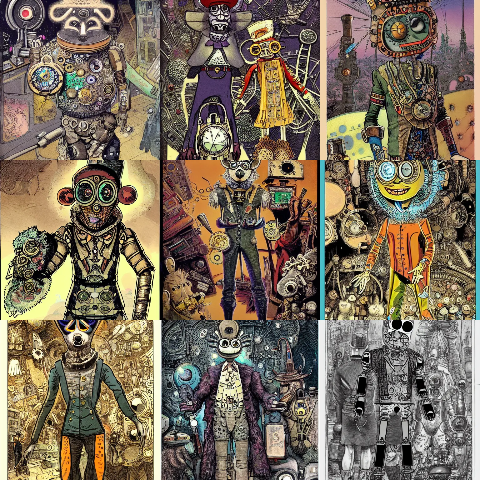 Prompt: a very detailed digital art of a fashionable marvel racoon extraterrestrial wearing ornate decopunk clockwork armor by george grosz, by dave gibbons, by j. j. grandville, salad fingers, holography, 8 k