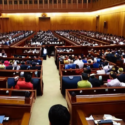 Prompt: photorealistic scene of a cat addressing lok sabha members, ani, sony a 7 r