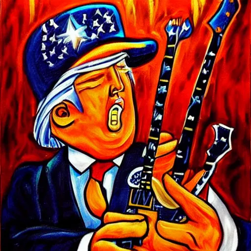 Prompt: Donald Trump as a blues musician playing electric guitar at a jam in a dive bar, passionate facial expression, feeling the music, artistic painting