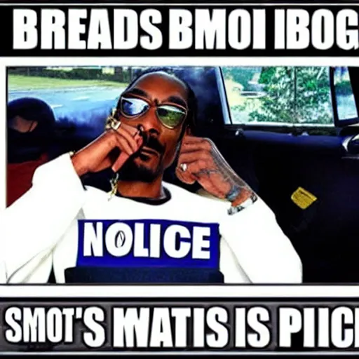 Image similar to Snoop Dogg smokes a joint, smoky red eyes, sits in a police car