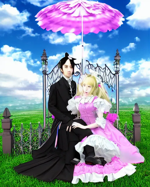 Image similar to a gothic lolita gown woman with a parasol and gothic lolita man with a suit and tie sitting on a cloud surrounded with cibi angles and by the gates of heaven 3 d digital art