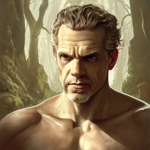 Image similar to portrait of jordan peterson as a very pale hulking herculean demon, forest, godlike, full body, fantasy, intricate, elegant, highly detailed, digital painting, artstation, concept art, sharp focus, illustration, art by artgerm and greg rutkowski and alphonse mucha