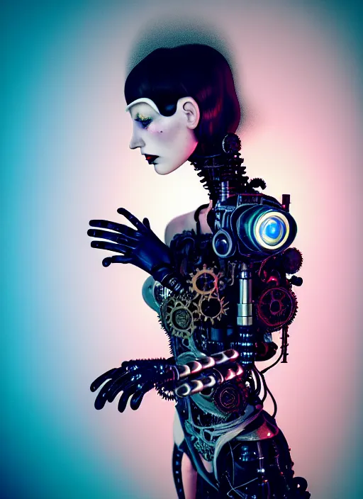 Image similar to kodak portra 4 0 0 photo portrait of a beautiful pale woman in style of tim walker, silver lace floral steampunk biomechanical, one techno eye female cyborg, big monocular, volumetric light, coloured gel light, gothic fashion, octane render, 8 k