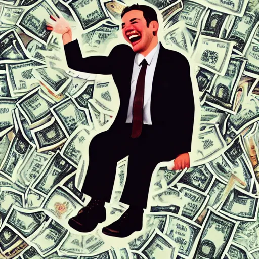 Prompt: a very small adult man sitting, laughing on a large pile of money, digital art, alex ross
