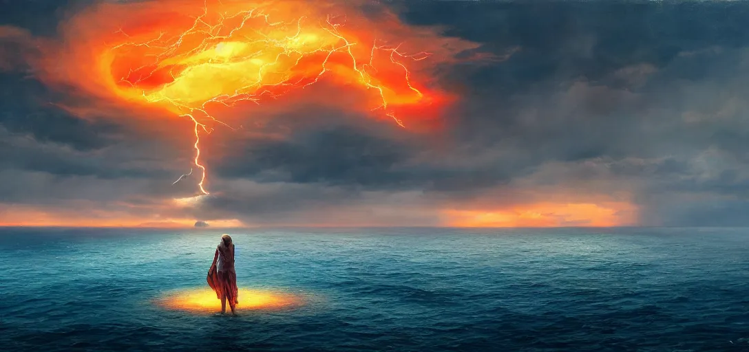 Prompt: aerial painting of a giant beautiful female, standing in the middle of the ocean, the sky is on fire. neill blomkamp cinematography, atmospheric lightning, godray, concept art, in the style of bob byerley, 8 k high details