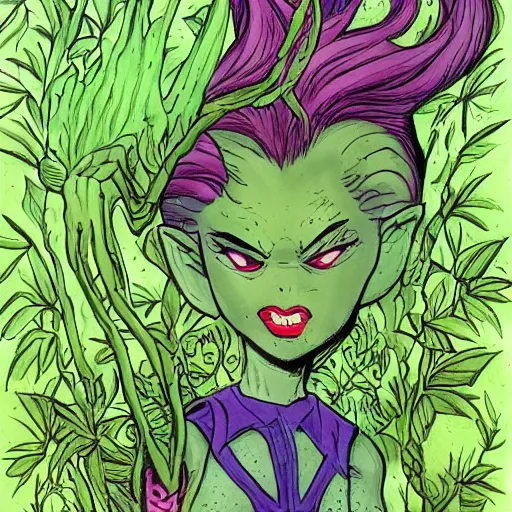 Image similar to Green Witch Walking, Garden, magical garden plant creatures, enchanted, life like plants, Drawn in the style of 1992 X-Men: The Animated Series, marvel comics by Jim Lee 1990's cartoon tv show, high detail, high accuracy