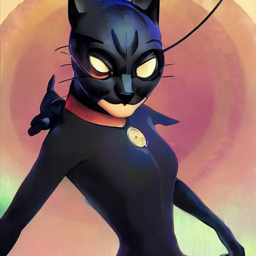 Image similar to Portrait of Cat Noir from Miraculous Ladybug. Art by Greg Rutkowski and Alphonse Mucha