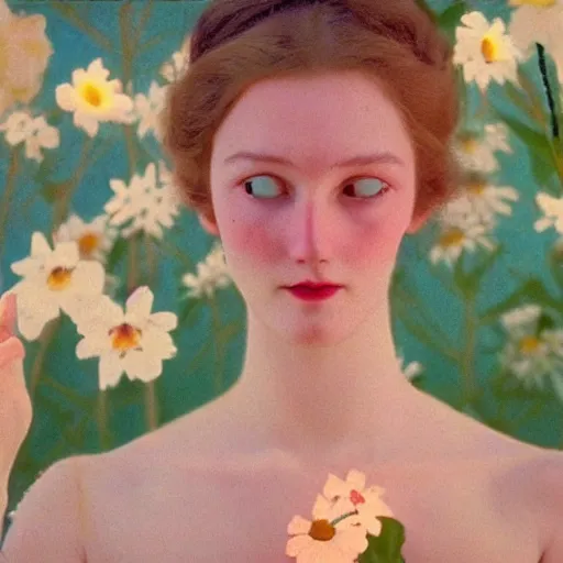 Image similar to a lot of different flowers morphing in a beautiful girls face, film still by wes anderson, depicted by balthus, limited color palette, very intricate, art nouveau, highly detailed, lights by hopper, soft pastel colors, minimalist