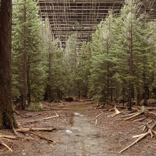 Prompt: photograph of pacific northwest forest inside an abandoned mall