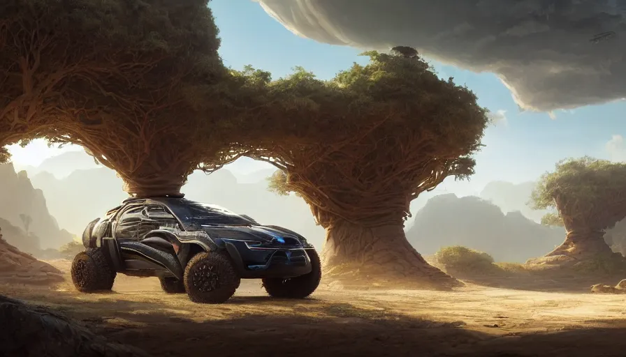 Prompt: a futuristic offroad suv designed by ford driving through madagascar with baobabs trees, artgerm and greg rutkowski and alphonse mucha, an epic fantasy, volumetric light, detailed, establishing shot, an epic fantasy, trending on art station, octane render, midsommar