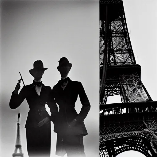 Image similar to vampires in the eiffel tower, lens blur, vintage photograph