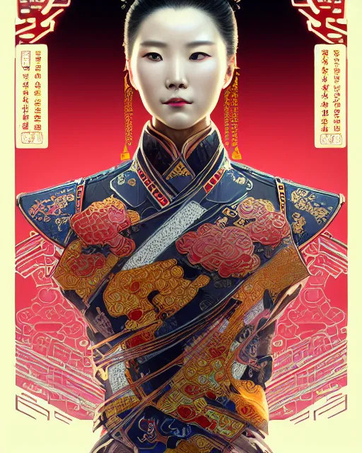 Image similar to portrait of a chinese cyberpunk machine, machine face, arms, upper half portrait, decorated with chinese opera motifs, regal, asian, fine china, wuxia, traditional chinese art intricate intense elegant 京 剧 highly detailed digital painting artstation concept art smooth sharp focus illustration, art by artgerm and greg rutkowski alphonse mucha 8 k