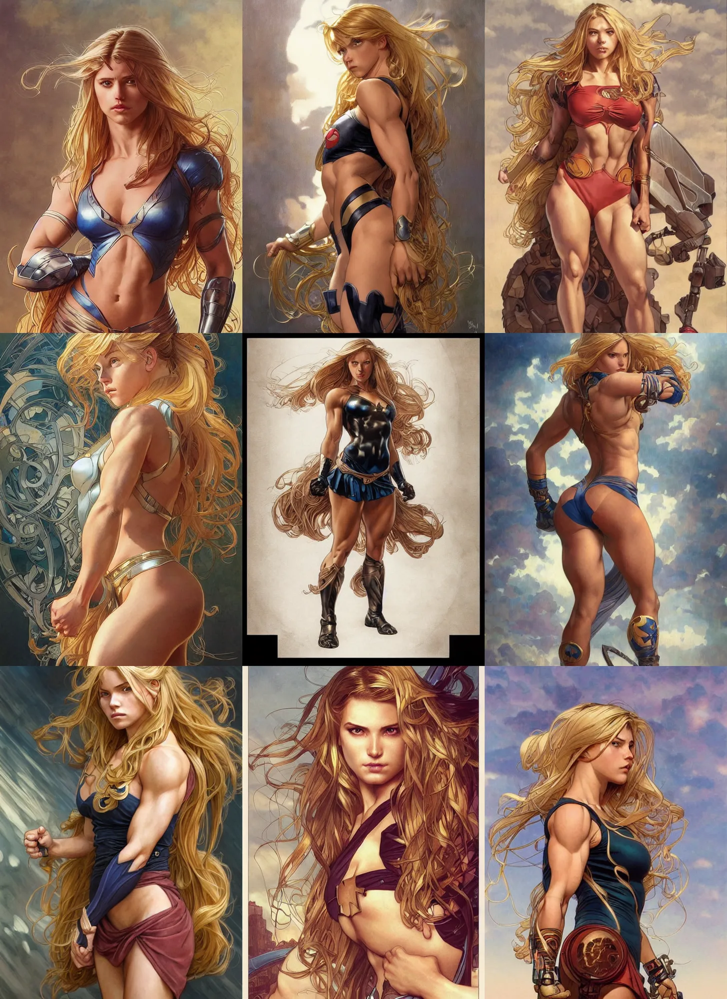 Prompt: a very muscled and young superhero girl with a focused face and extremely long blonde wavy hair, intricate detailed face, artgerm, greg rutkowski, alphonse mucha, francine van hove