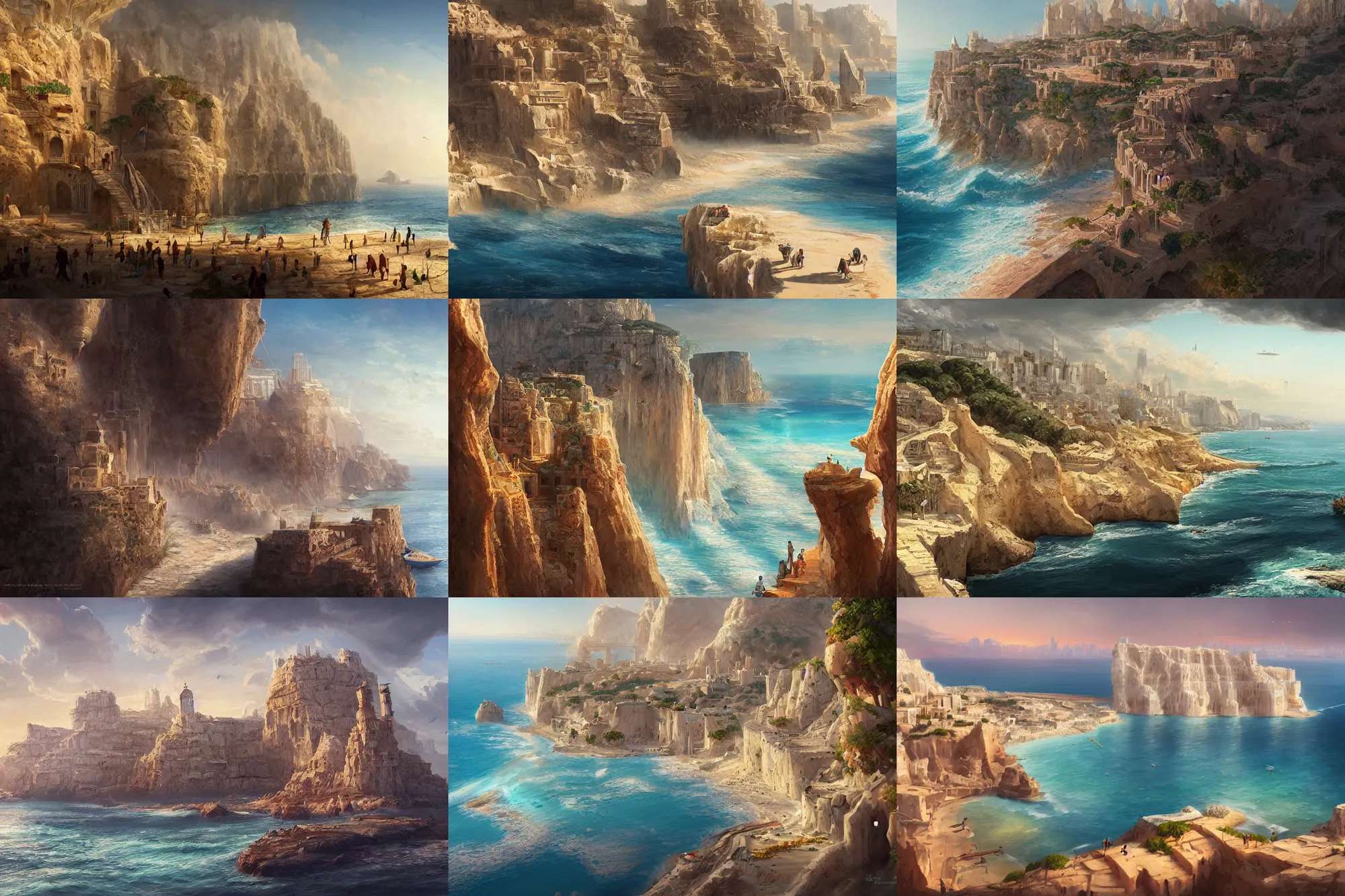 Prompt: libyan mediterranean city on chalk cliff, highly detailed, digital painting, artstation, concept art, sharp focus, illustration, rutkowski, raphael lacoste, magali villeneuve