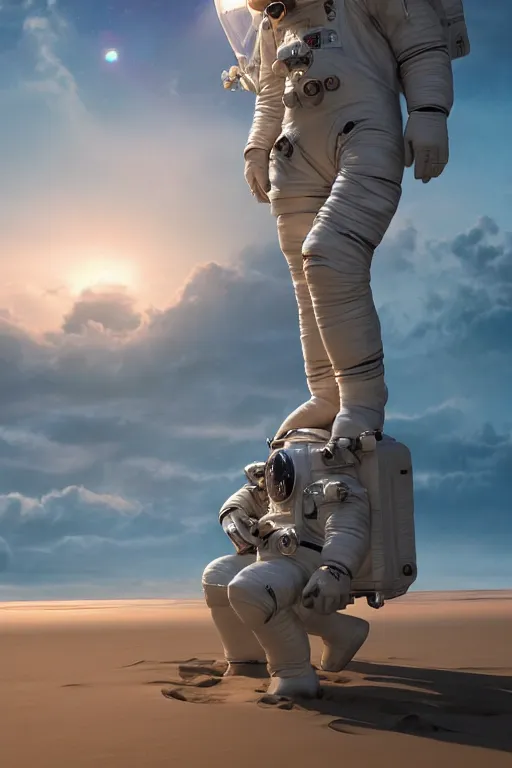 Image similar to a astronaut sitting on the beach looking to the sea at sunrise, concept art, octane render, unreal engine 5, trending on Artstation, high quality, highly detailed, 8K, soft lighting, godrays, path tracing, serene landscape, turbulent sea, high coherence, anatomically correct, hyperrealistic, sand, beautiful landscape, cinematic, clouds in the sky